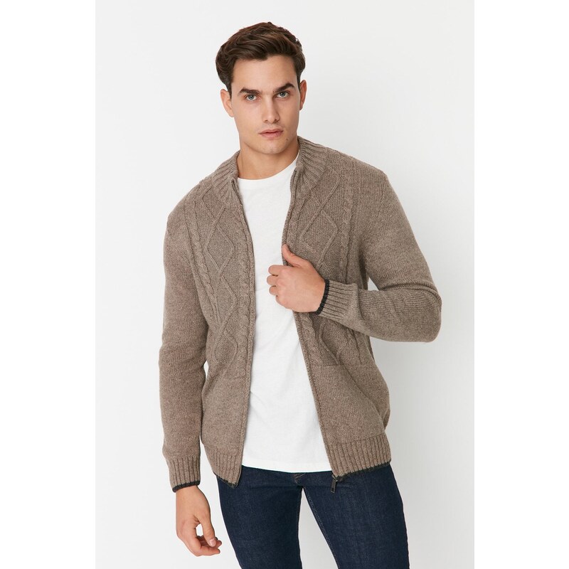 Trendyol Mink Slim Fit Knit Detail Zippered Pocket Knitwear Cardigan