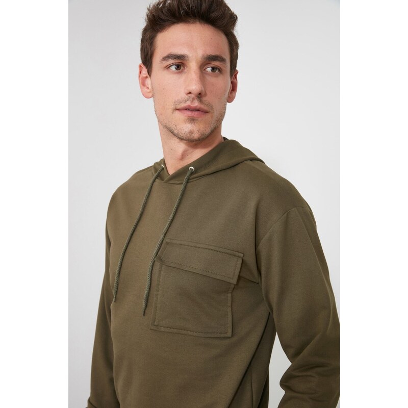 Trendyol Khaki Regular Fit Hooded Pocket Detail Cotton Sweatshirt