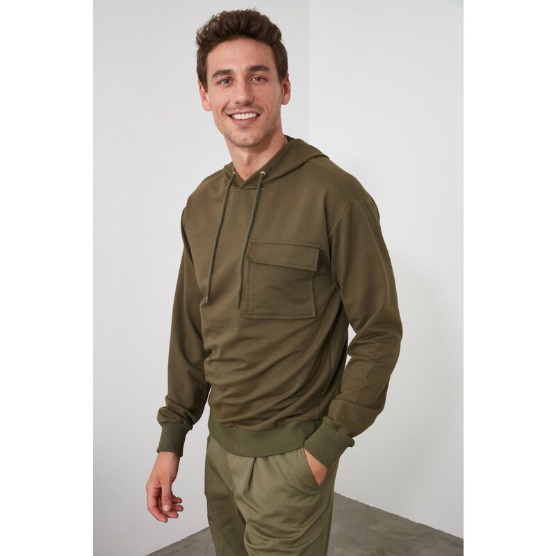 Trendyol Khaki Regular Fit Hooded Pocket Detail Cotton Sweatshirt