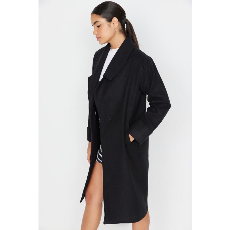 Trendyol Black Oversized Wide Collar Detailní razítkovaný kabát