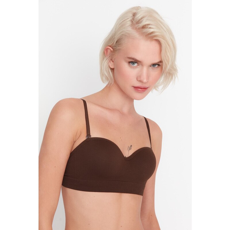 Trendyol Dark Brown Seamless/Seamless Covered Strapless Knitted Bra with Detachable Straps