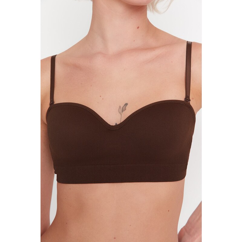 Trendyol Dark Brown Seamless/Seamless Covered Strapless Knitted Bra with Detachable Straps