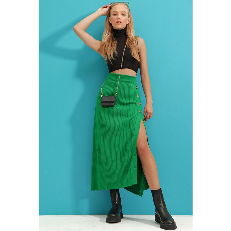 Trend Alaçatı Stili Women's Green Button Detailed Knitwear Skirt