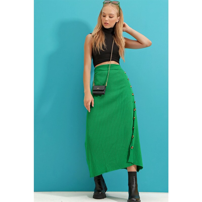 Trend Alaçatı Stili Women's Green Button Detailed Knitwear Skirt