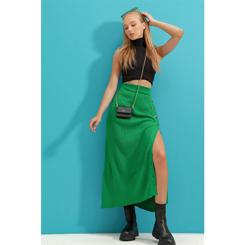 Trend Alaçatı Stili Women's Green Button Detailed Knitwear Skirt