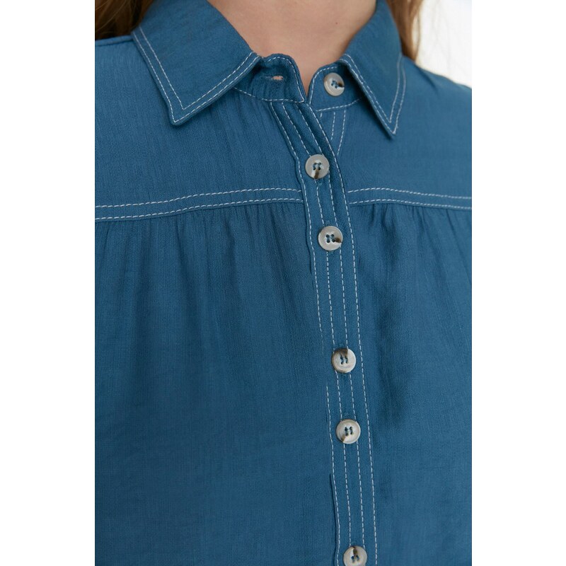 Trendyol Indigo Contrast Stitching Woven Linen Look Natural Fabric Shirt