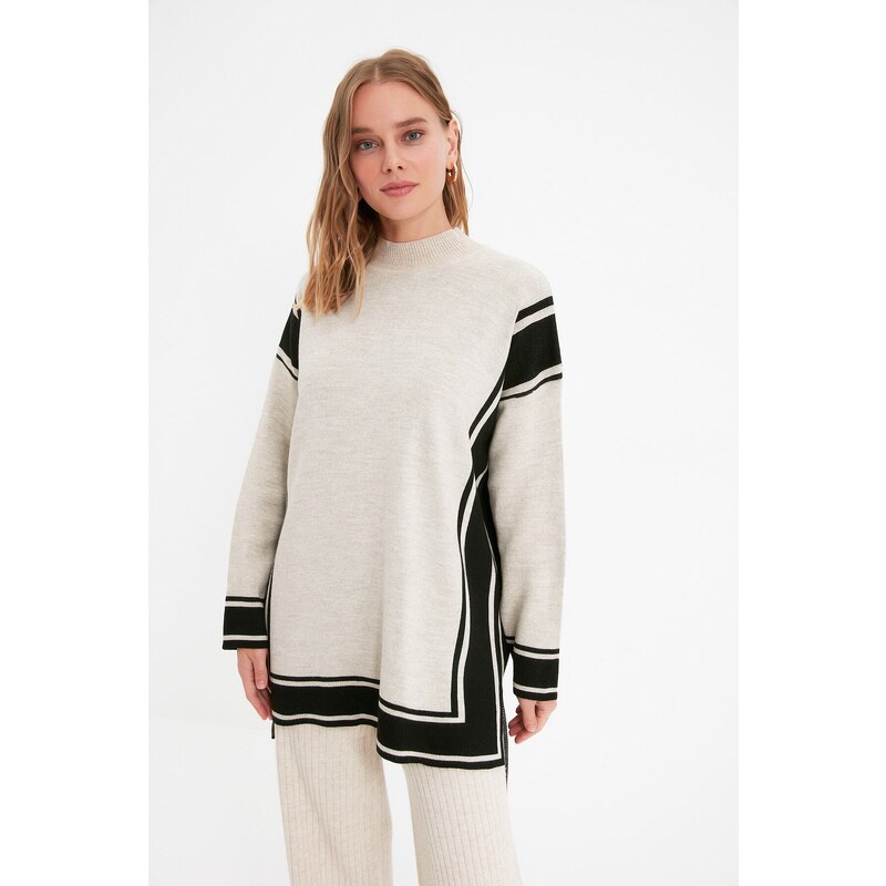Trendyol kamenný pruhovaný pletený svetr s vysokým výstřihem