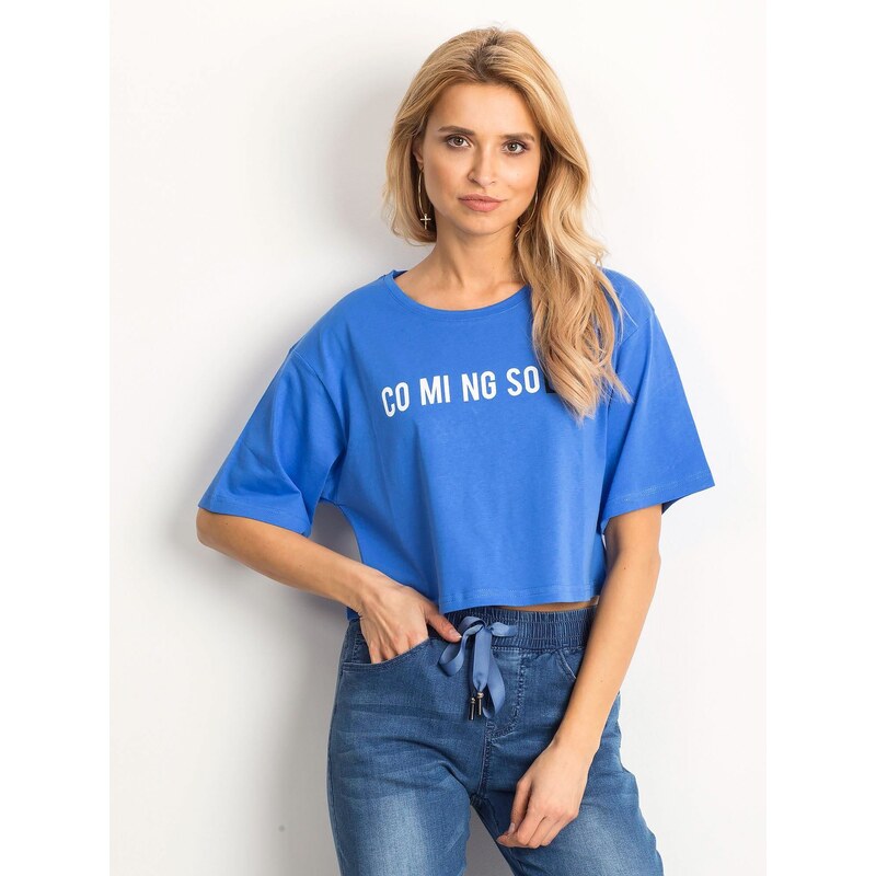 Fashionhunters Krátké modré tričko s nápisem 114322656