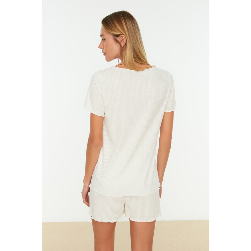 Trendyol White Corduroy T-shirt-Shorts Knitted Pajamas Set