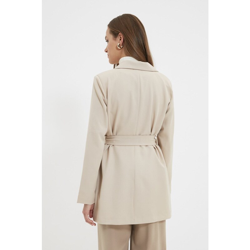 Trendyol Beige Belted Pocket Detailed Blazer Woven Jacket