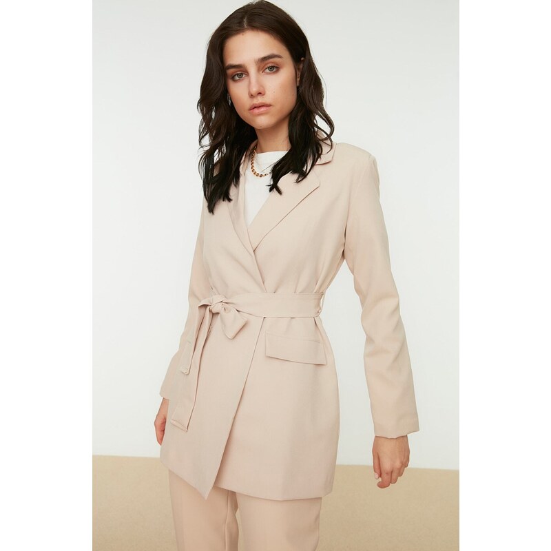 Trendyol Beige Belted Pocket Detailed Blazer Woven Jacket