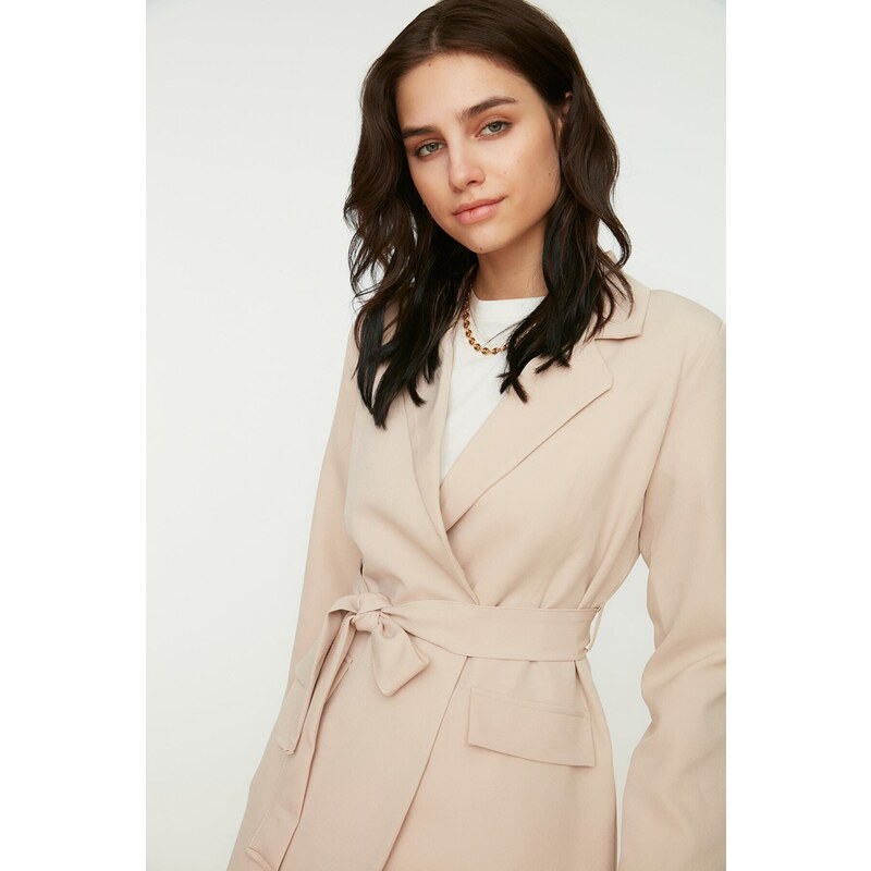 Trendyol Beige Belted Pocket Detailed Blazer Woven Jacket