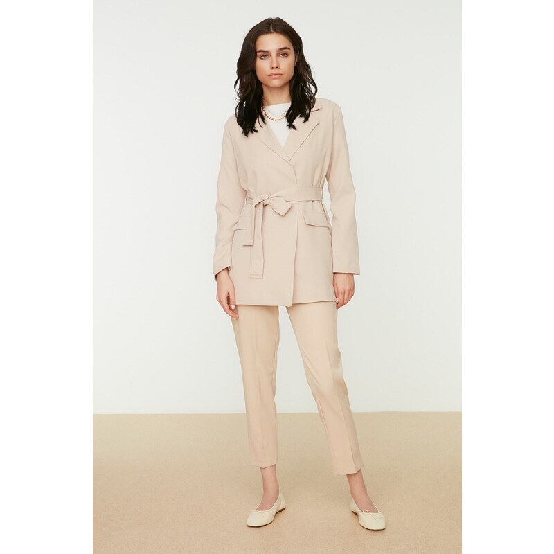 Trendyol Beige Belted Pocket Detailed Blazer Woven Jacket