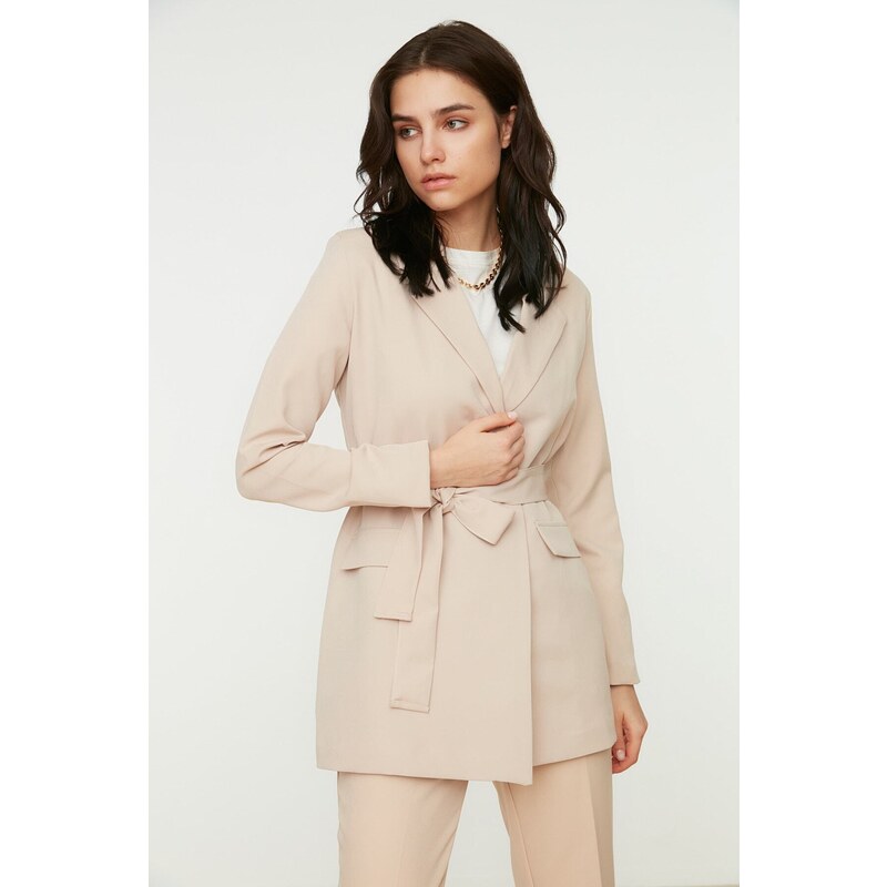 Trendyol Beige Belted Pocket Detailed Blazer Woven Jacket