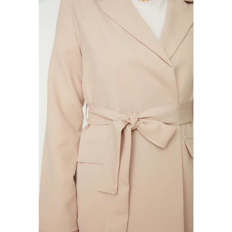 Trendyol Beige Belted Pocket Detailed Blazer Woven Jacket