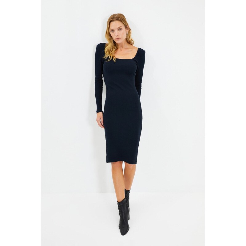 Trendyol Navy Square Neck Fitted Long Sleeve Midi Ribbed Stretch Knit Dress