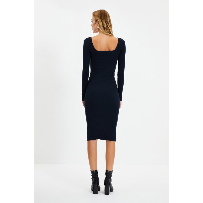 Trendyol Navy Square Neck Fitted Long Sleeve Midi Ribbed Stretch Knit Dress