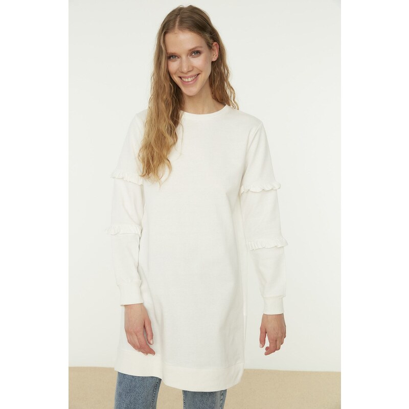Trendyol Ecru Crew Neck Sleeves Frilly Knitted Tunic
