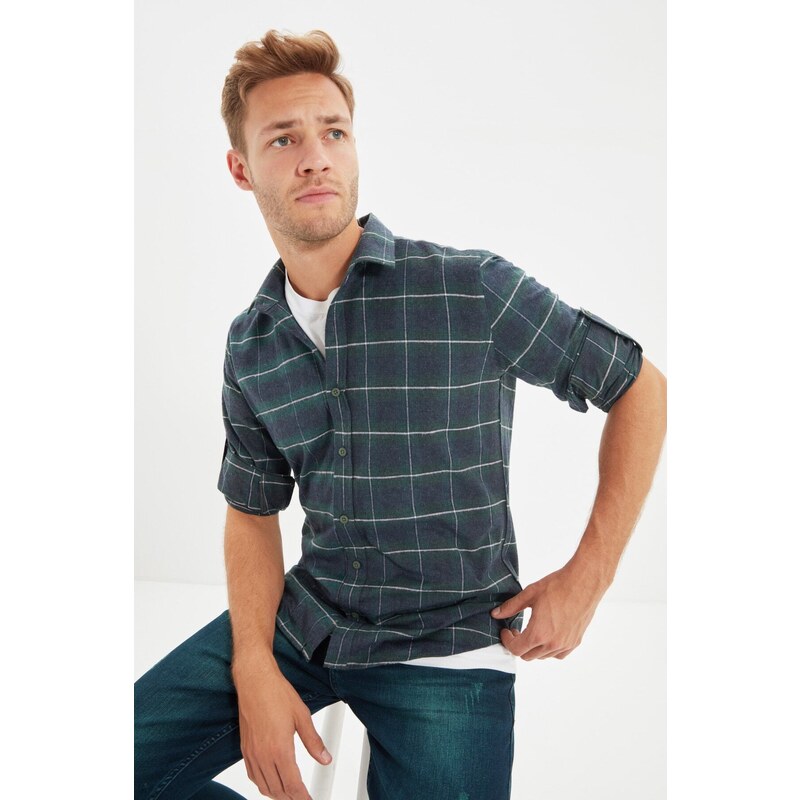 Trendyol Green Slim Fit Epaulette Lumberjack Plaid Shirt