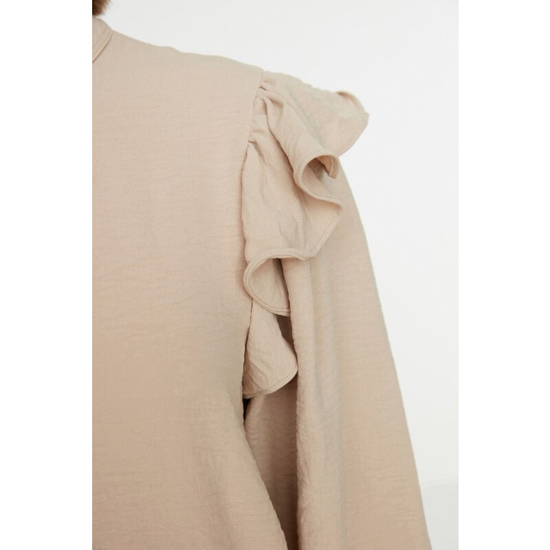 Trendyol Stone Ruched Collar Ruffle Detail Woven Shirt