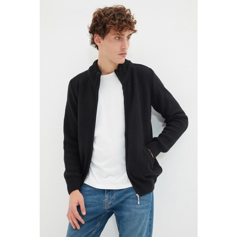 Trendyol Black Slim Fit Half Turtleneck Textured Zipper Wool Blended Knitwear Cardigan