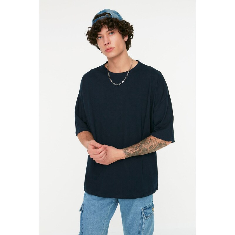 Trendyol Navy Blue Oversize/Wide-Fit 100% Cotton Crew Neck Short Sleeve Printed T-Shirt