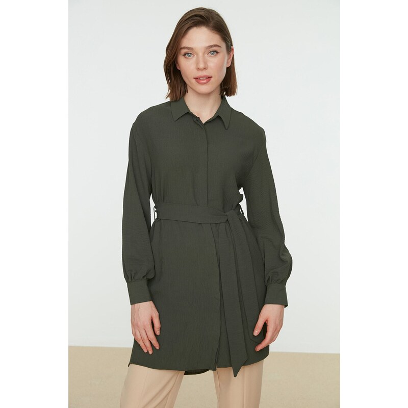 Trendyol Green Belted Hidden Pat Woven Shirt