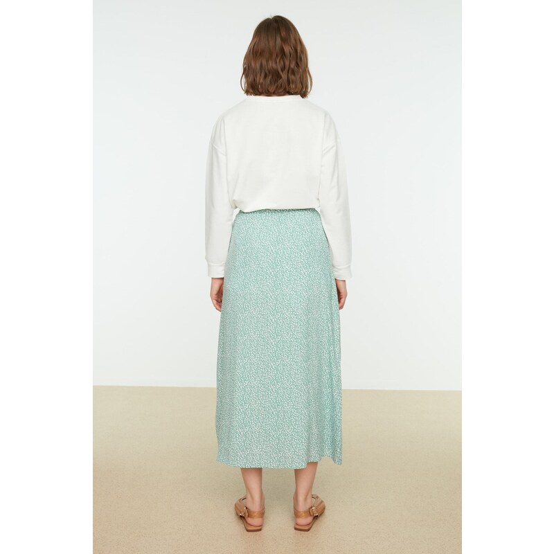 Trendyol Mint Floral Printed Viscose Woven Flare Skirt