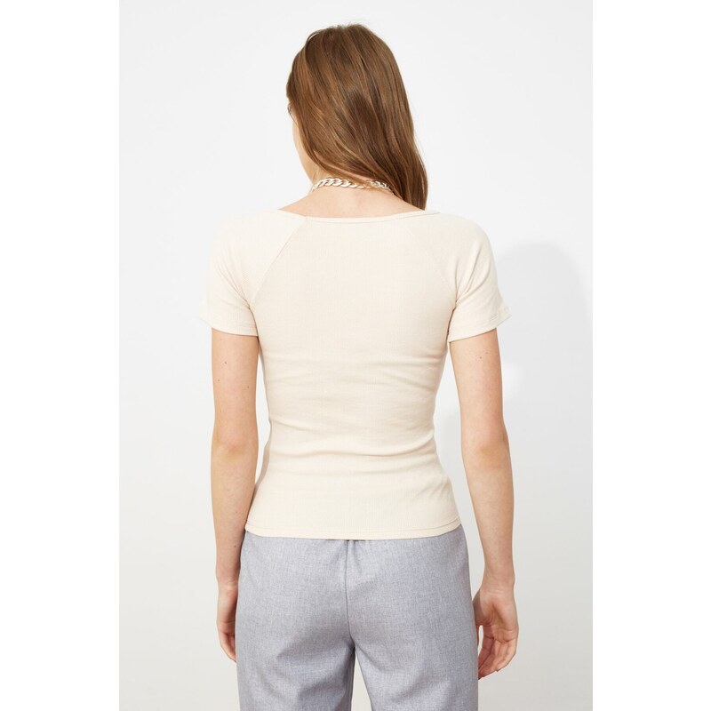Trendyol Beige Fitted Cotton Stretch Knitted Blouse