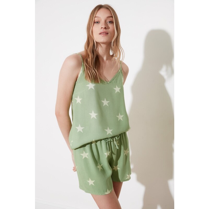 Trendyol Green Star Viscose Undershirt-Shorts Woven Pajama Set