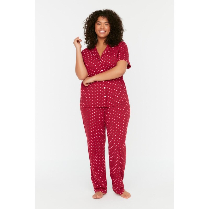 Trendyol Curve Claret Red Printed Knitted Buttons Pajamas Set