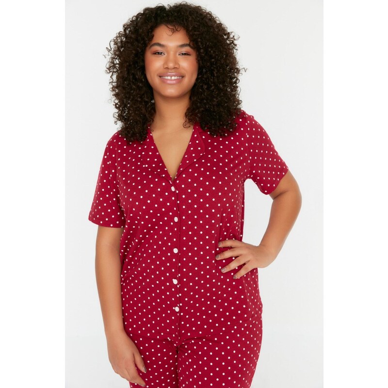 Trendyol Curve Claret Red Printed Knitted Buttons Pajamas Set