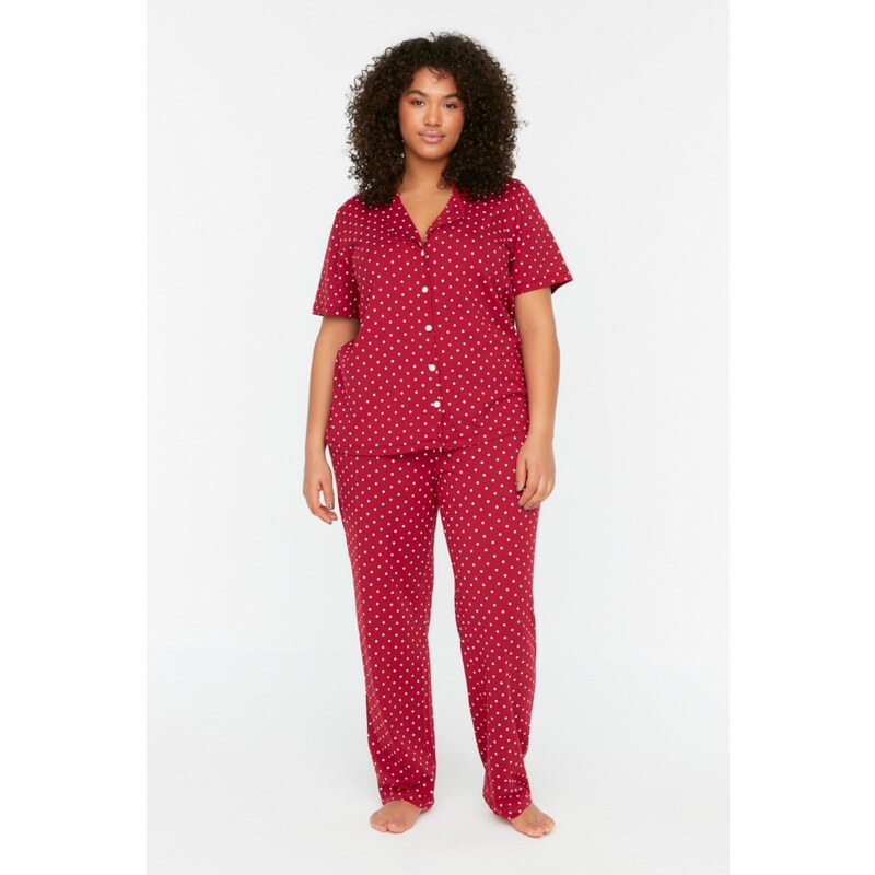 Trendyol Curve Claret Red Printed Knitted Buttons Pajamas Set