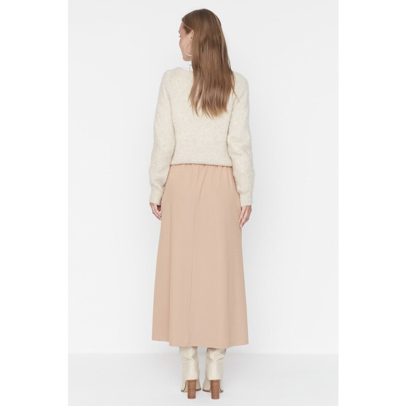 Trendyol Beige High Waist Knitted Skirt With Button Closure