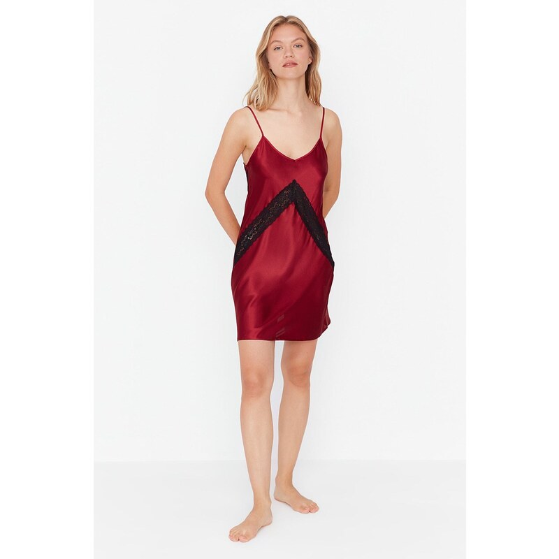 Trendyol Burgundy Weave Satin Nightgown With Lace Detail