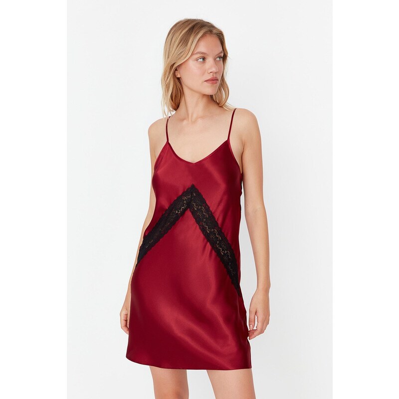 Trendyol Burgundy Weave Satin Nightgown With Lace Detail