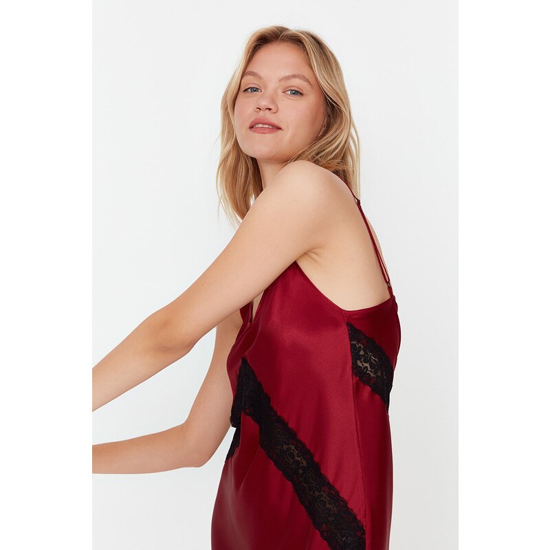 Trendyol Burgundy Weave Satin Nightgown With Lace Detail