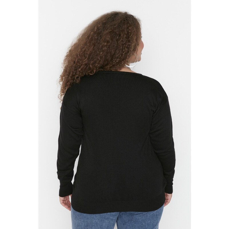 Trendyol Curve Black V-Neck Button Detailní pletený svetr