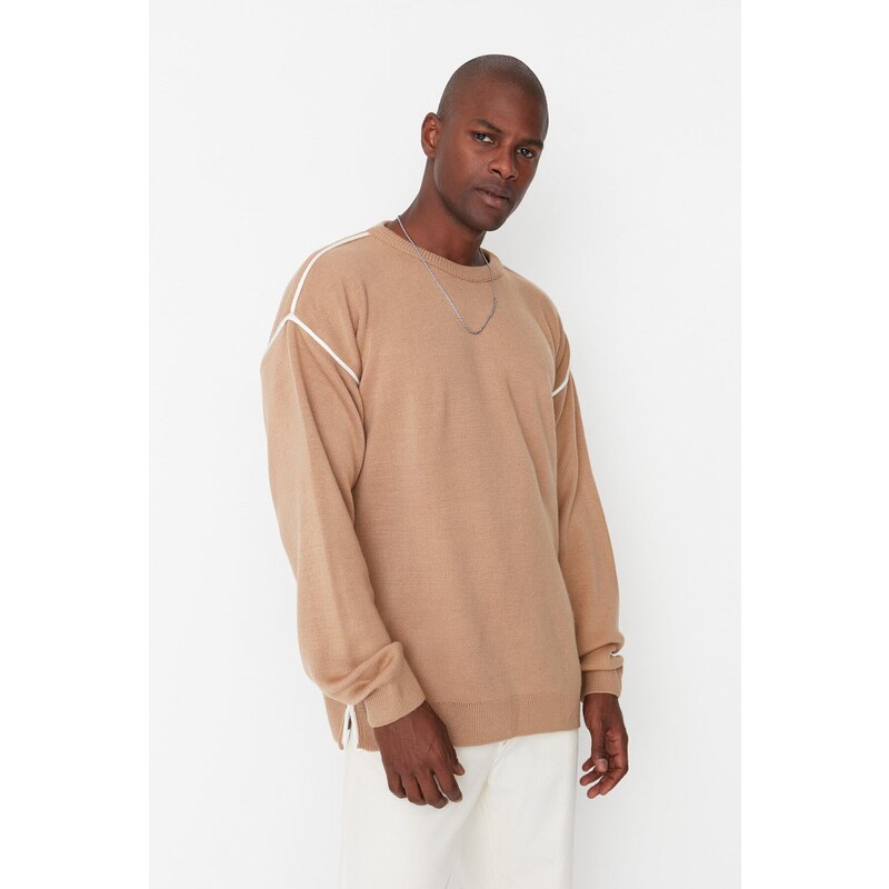 Trendyol Camel Oversize Crew Neck Piping Detailed Knitwear Sweater