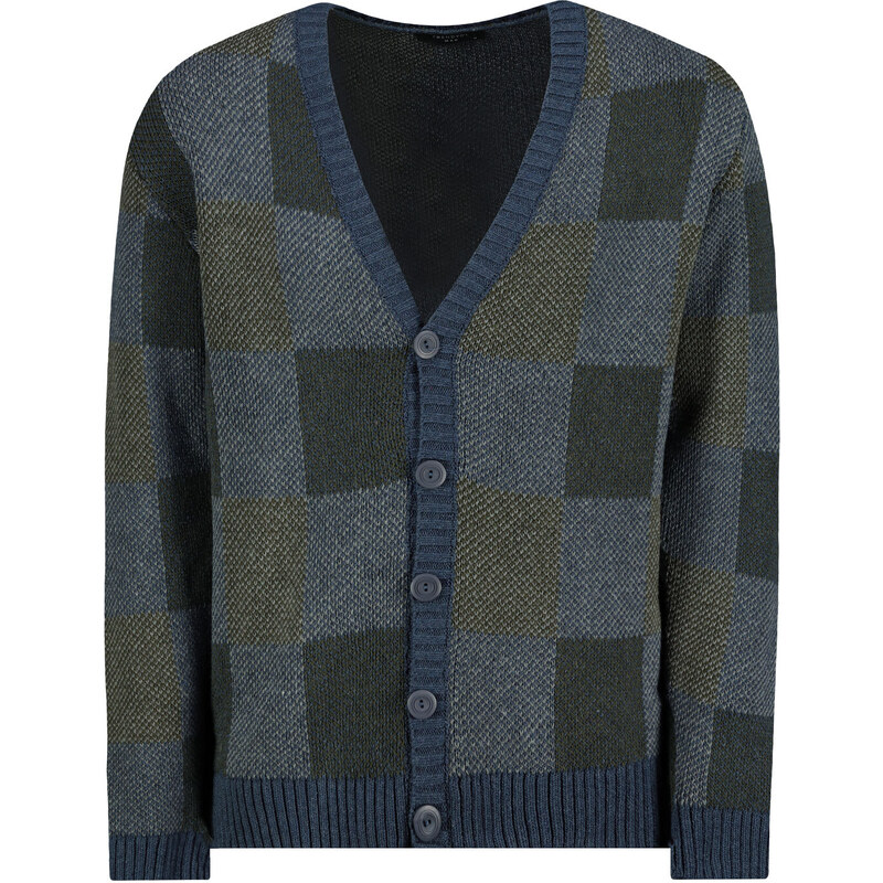 Trendyol Indigo Regular Fit V-Neck Plaid Patterned Knitwear