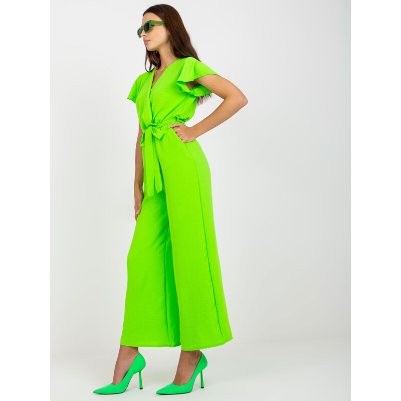 Fashionhunters RUE PARIS fluo zelená kombinéza se širokými nohavicemi a krátkými rukávy