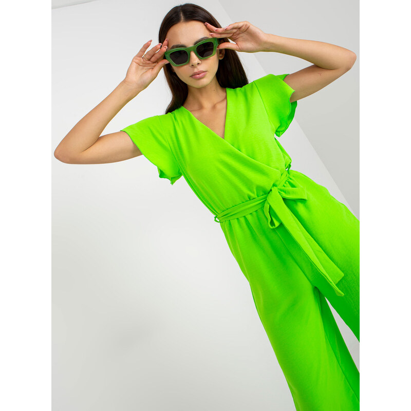 Fashionhunters RUE PARIS fluo zelená kombinéza se širokými nohavicemi a krátkými rukávy