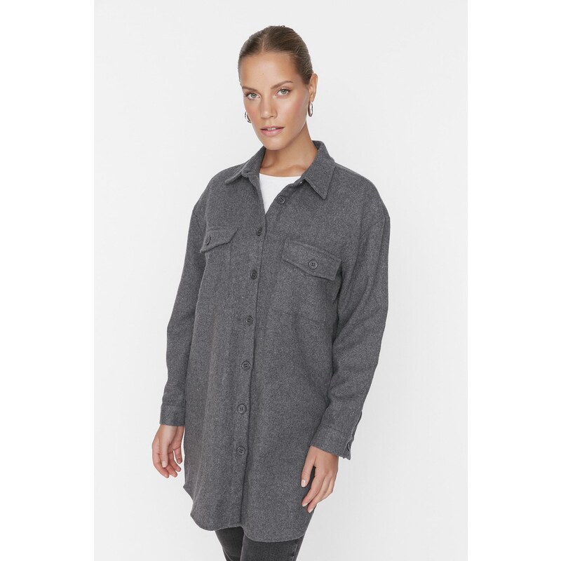 Trendyol Gray Double Pocket Detailed Winter Shirt