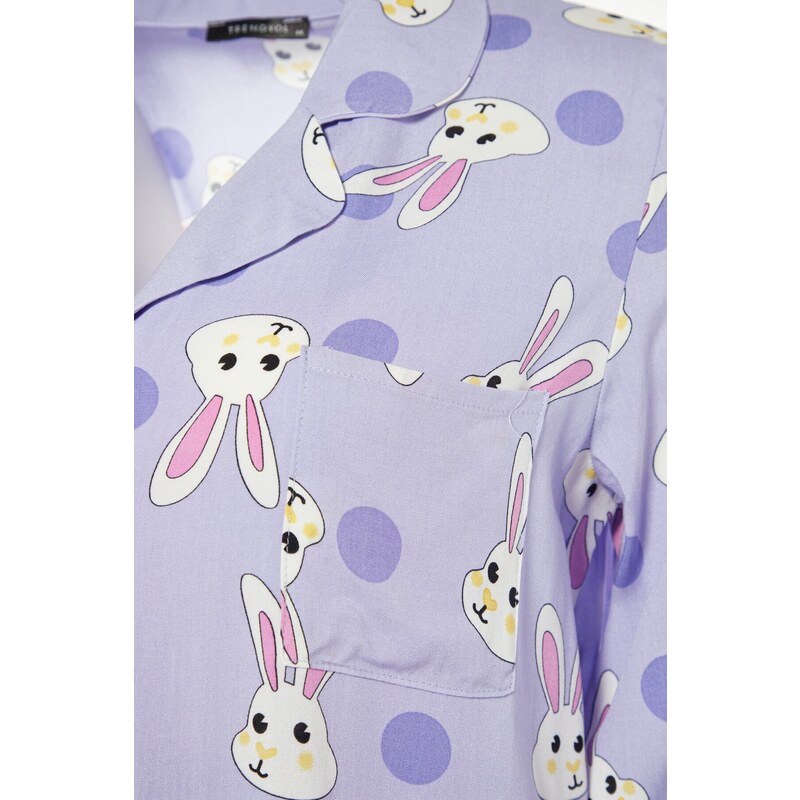 Trendyol Curve Lilac Rabbit Printed Woven Pajama Set