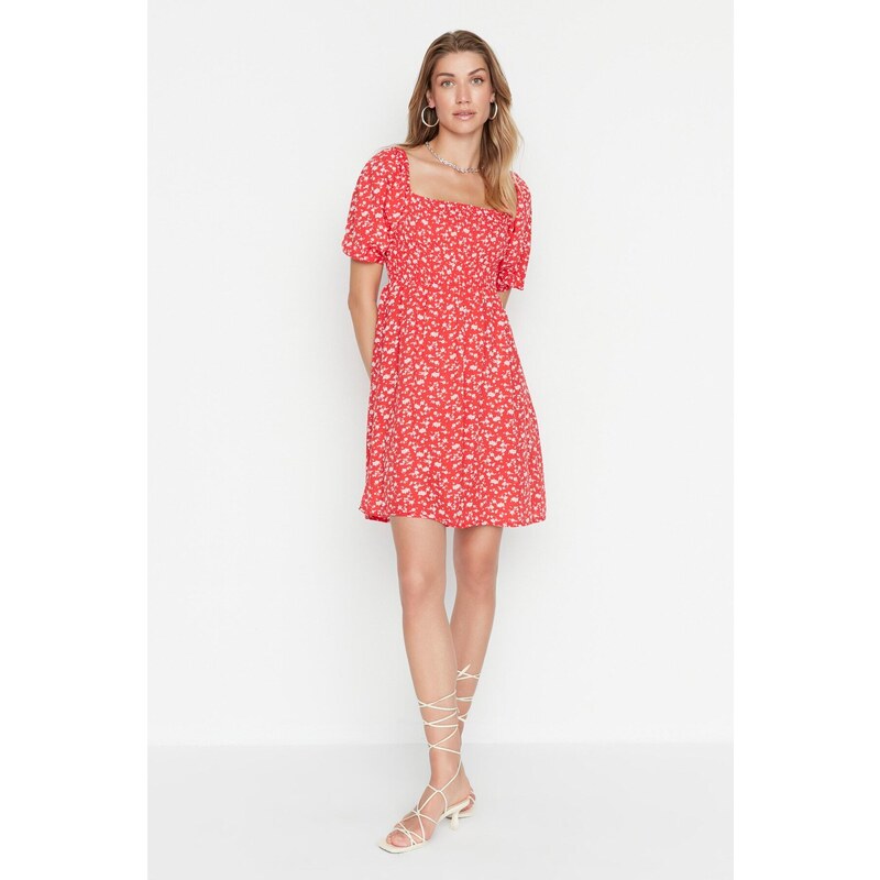 Trendyol Red Floral Skater/Waist Opening Guiped Viscose Mini Woven Dress