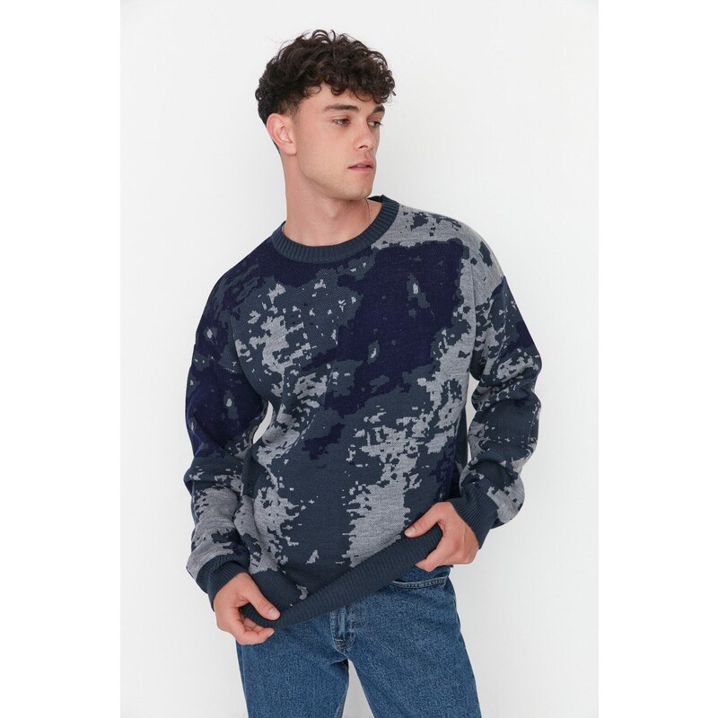 Trendyol Men's Indigo Slim Fit Crew Neck Jacquard Knitwear Sweater
