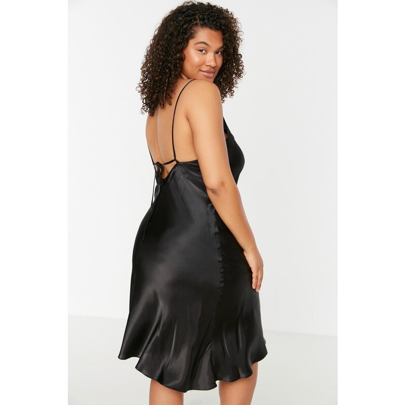 Trendyol Curve Black Straps, Satin Woven Back Detailed Nightgown