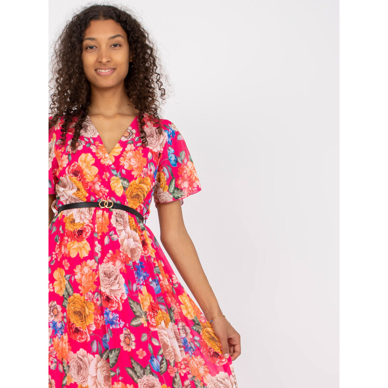 Fashionhunters Růžové plisované květinové šaty s krátkým rukávem
