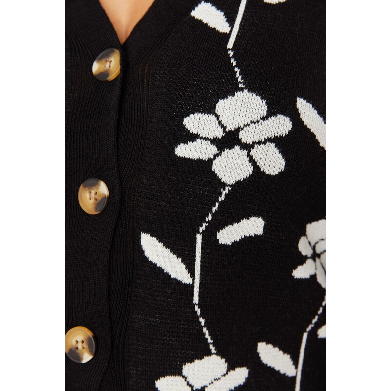 Trendyol Curve Black Floral Patterned Knitwear Cardigan