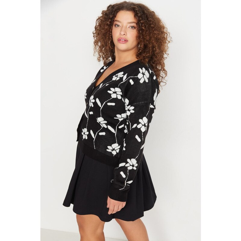 Trendyol Curve Black Floral Patterned Knitwear Cardigan